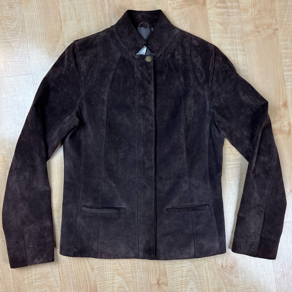 Calvin Klein Women’s Med Fitted 100% Leather Jacket Brown Pockets Zip Up EUC